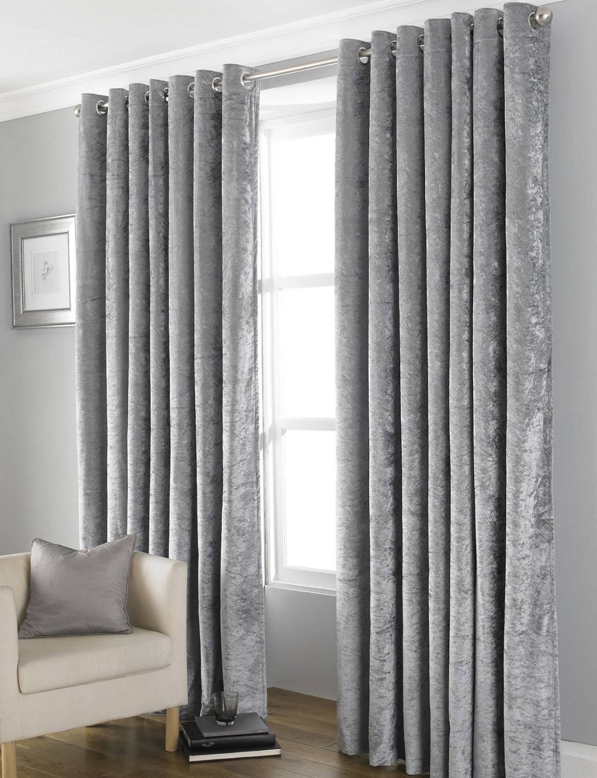 Blackout Crushed Velvet Eyelet Curtains Grey - 72"