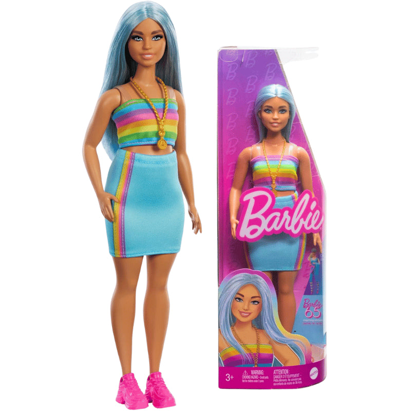 Official Barbie - Fashionistas Doll - 65th Anniversary Long Blue Hair - Rainbow Top & Teal Skirt