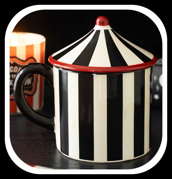 Black Striped Circus Tent Mug with lid. Ceramic . Brand new boxed. Ideal gift