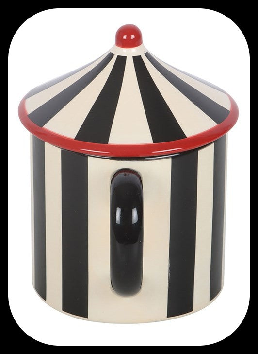 Black Striped Circus Tent Mug with lid. Ceramic . Brand new boxed. Ideal gift