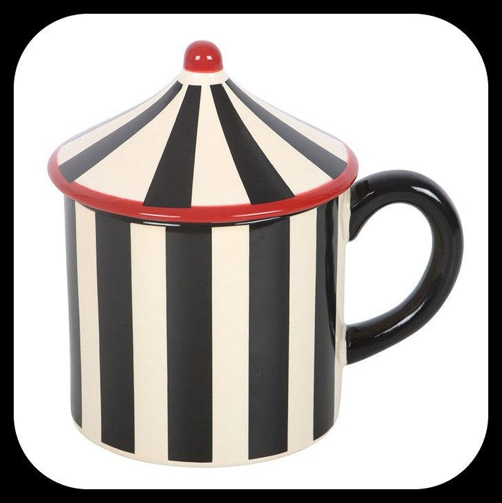 Black Striped Circus Tent Mug with lid. Ceramic . Brand new boxed. Ideal gift