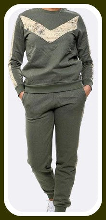 Snake Print Side Panel Loungwear Tracksuit Khaki Size XL