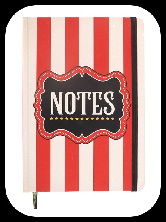 Red Circus Stripe A5 Notebook 100 sheets / 200 lined pages, ribbon marker and elastic closure.New.