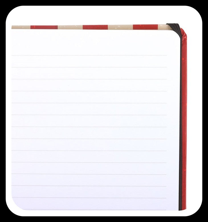 Red Circus Stripe A5 Notebook 100 sheets / 200 lined pages, ribbon marker and elastic closure.New.