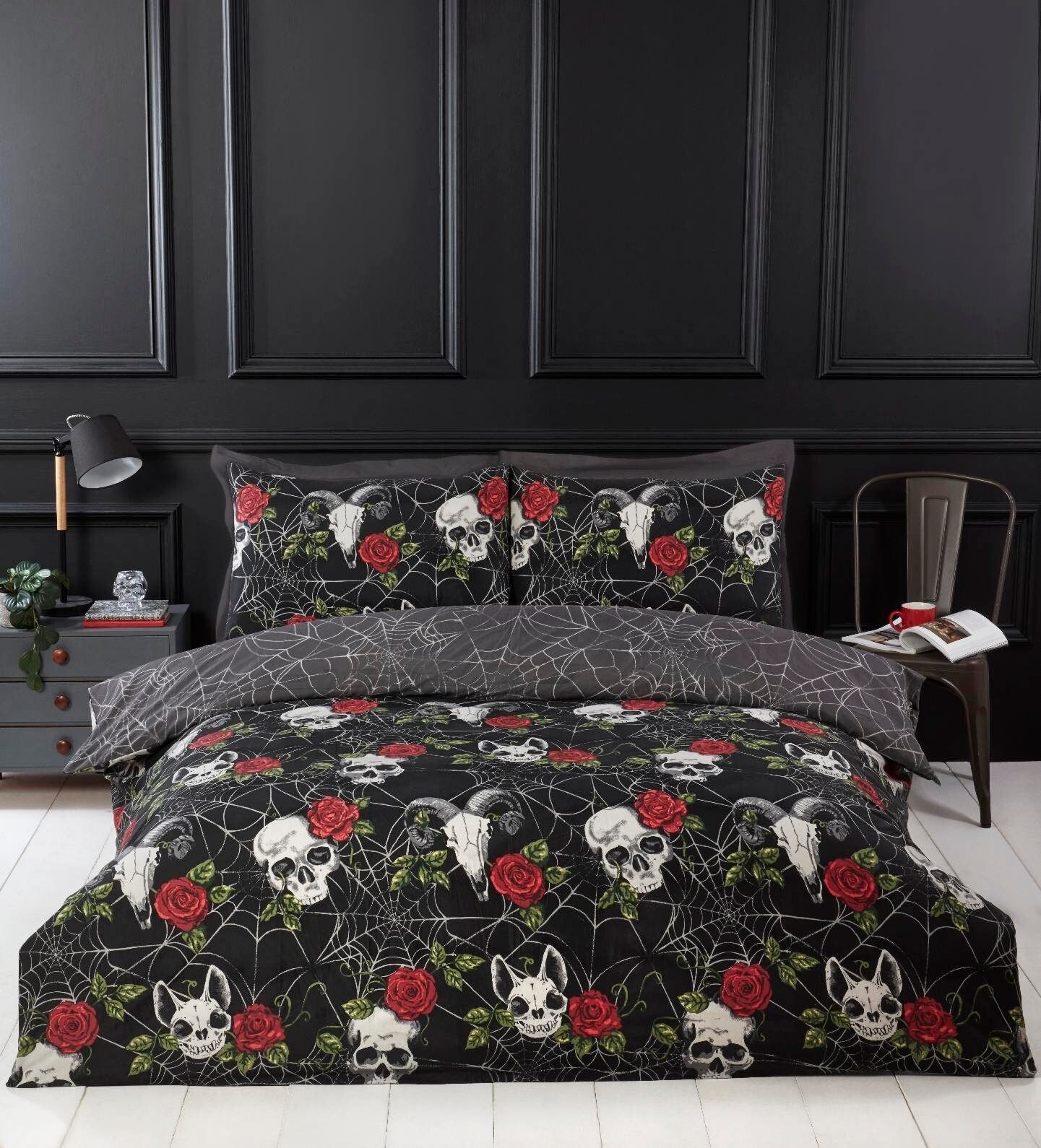 SKULLS & ROSES DUVET COVER SET SINGLE POPPER FASTENING