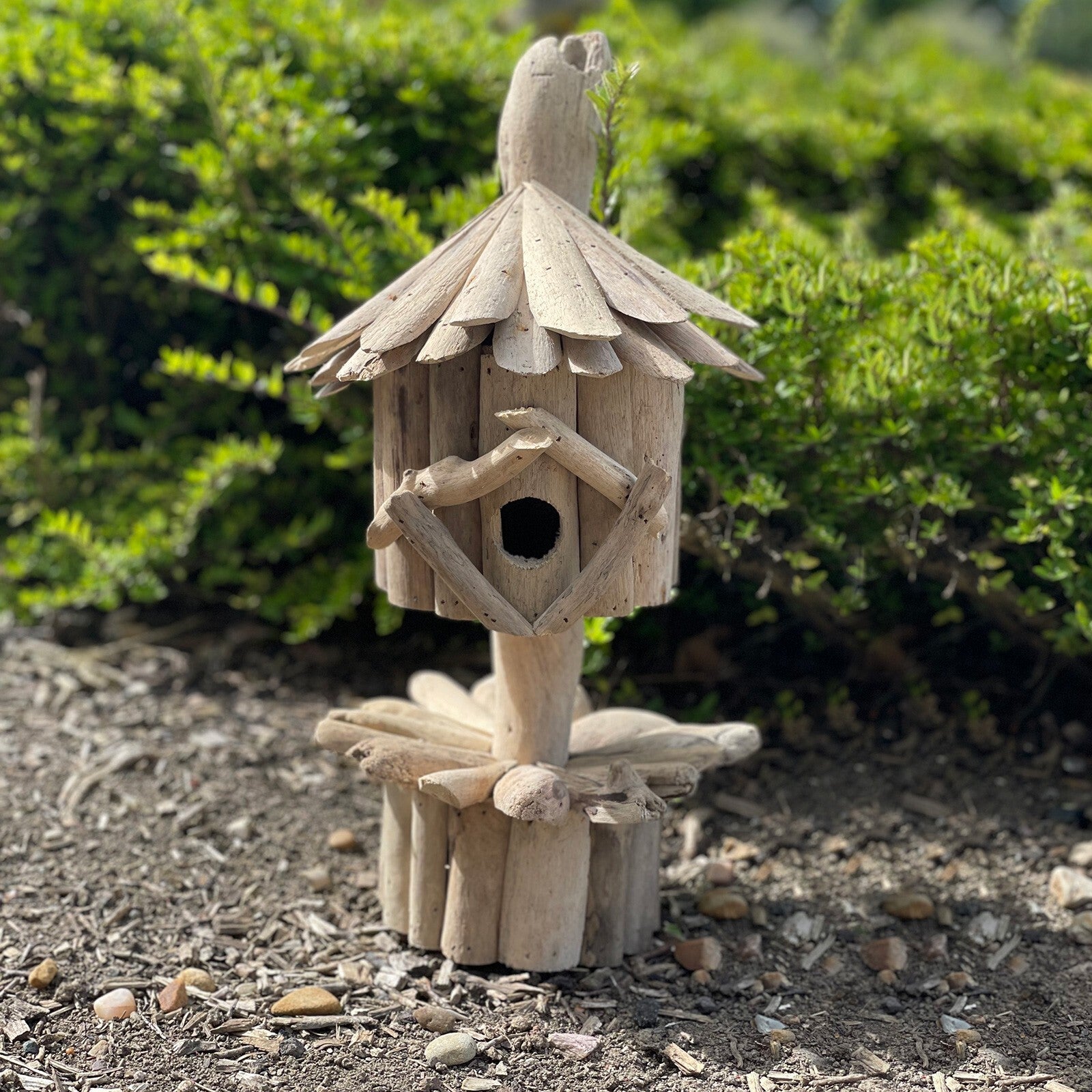 Handmade Driftwood Birdbox - On Stand Featuring a hanging rope