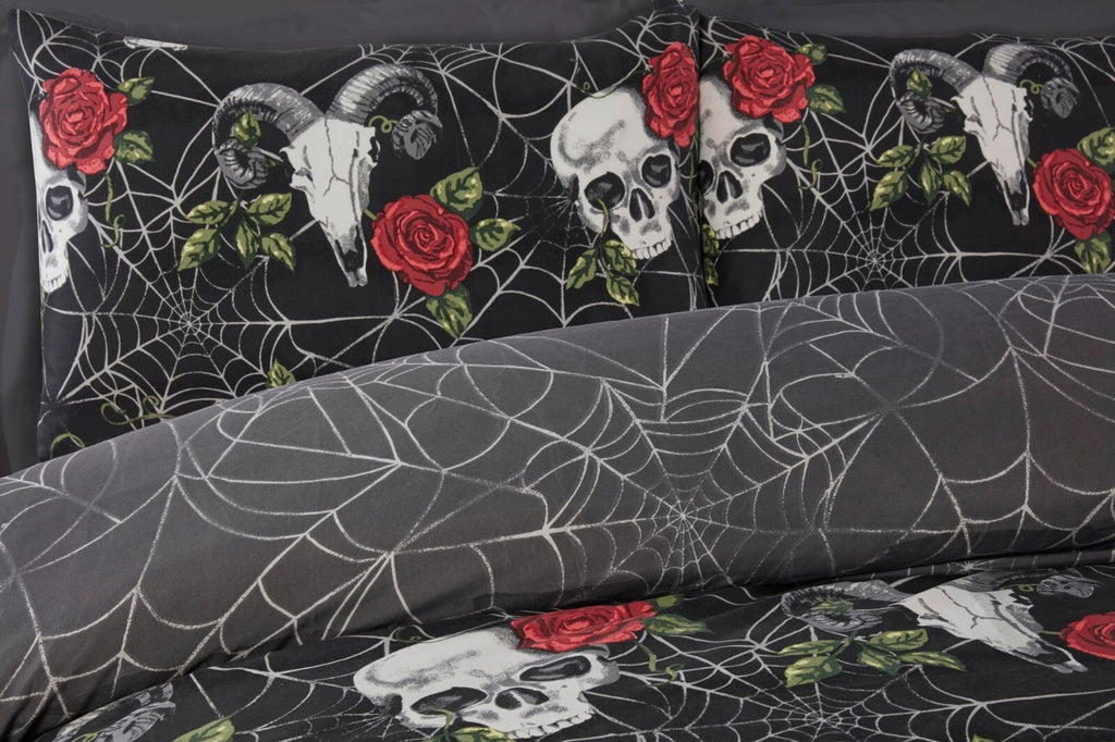 SKULLS & ROSES DUVET COVER SET SINGLE POPPER FASTENING